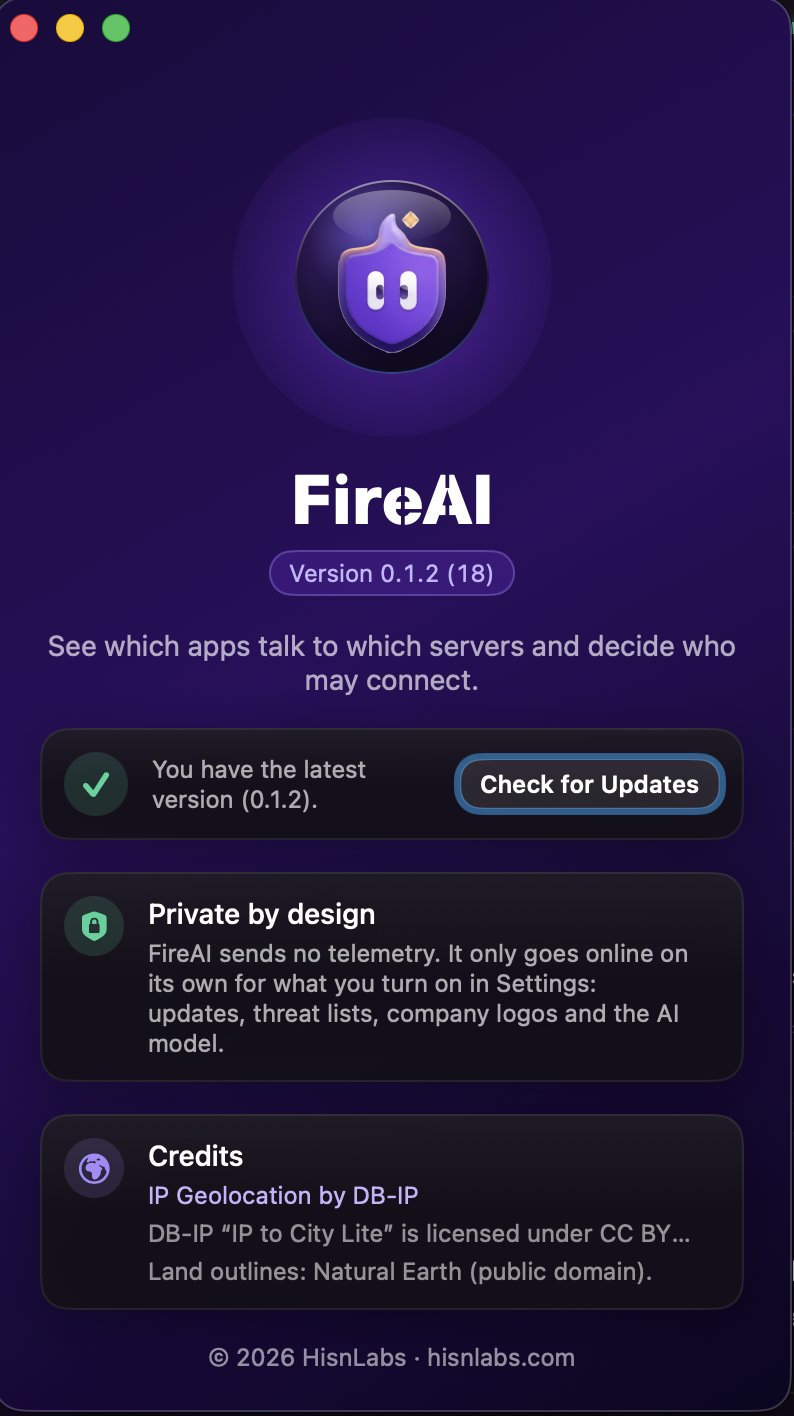 The About FireAI window saying “You have the latest version (0.1.2)” next to the Check for Updates button, above the Private by design note.