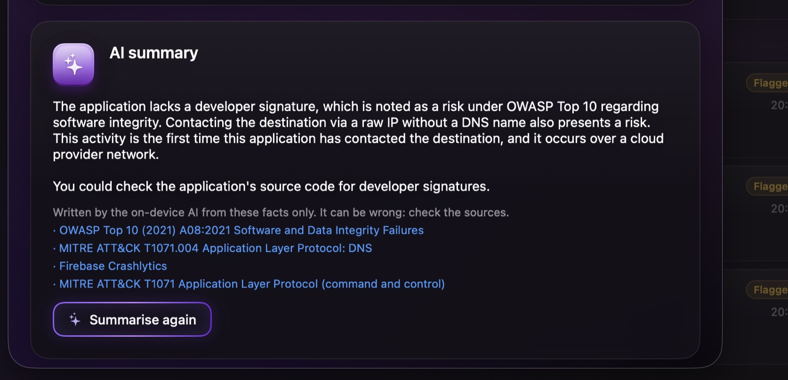 AI summary card in Investigate: three plain sentences about an unsigned app contacting a raw IP, with sources from OWASP and MITRE ATT&CK and a Summarise again button.