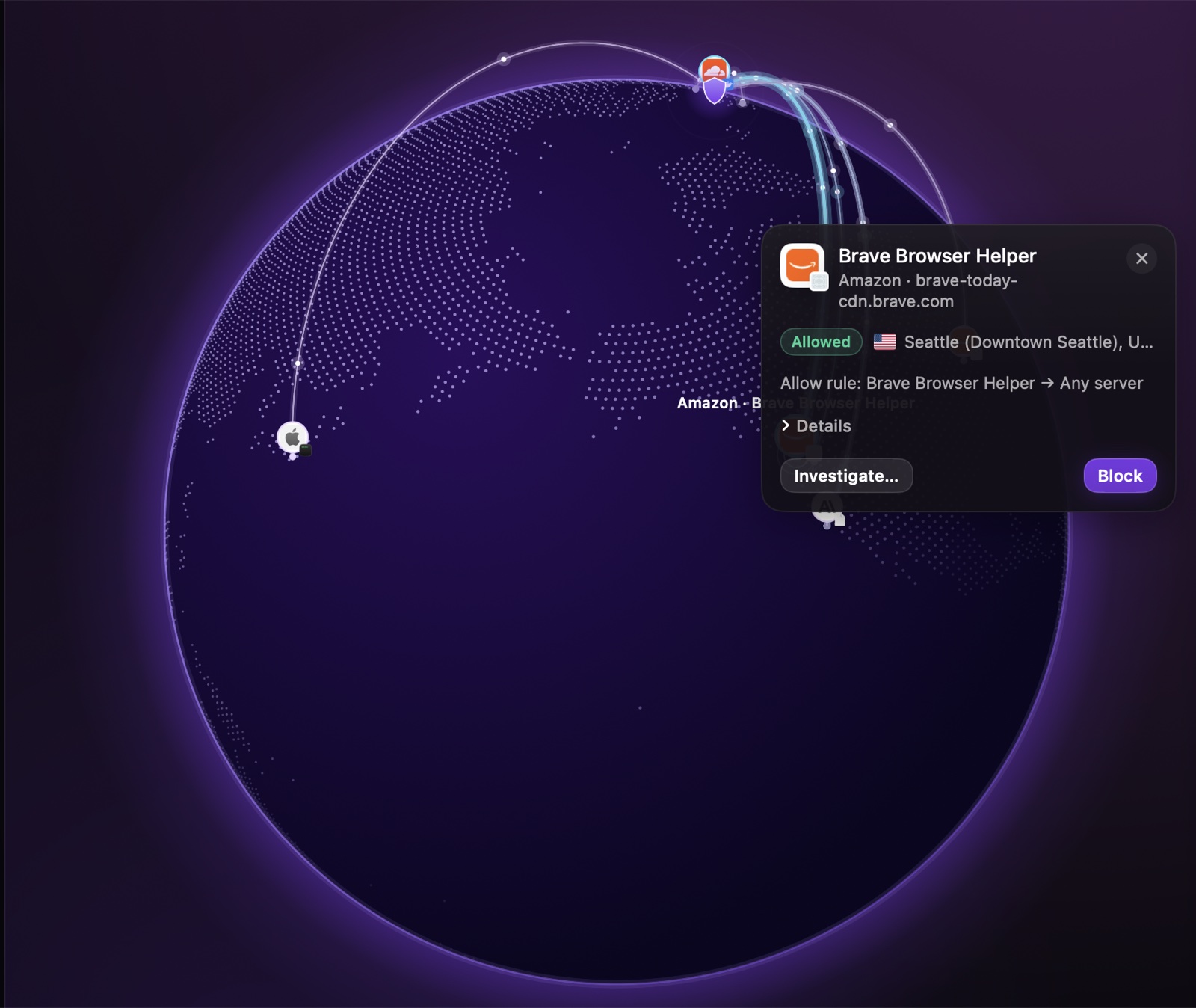 World map with a connection card for Brave Browser Helper: Amazon, brave-today-cdn.brave.com, Allowed, Seattle, the Allow rule that let it through, and the Investigate… and Block buttons.