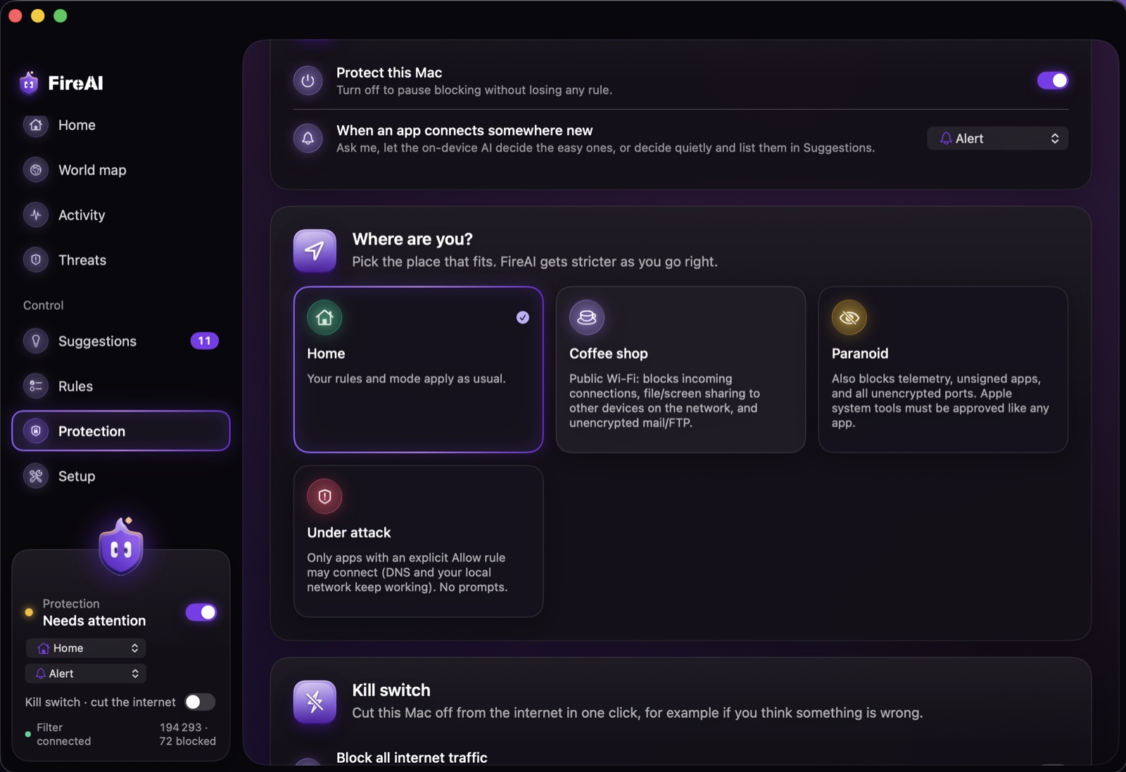 FireAI Protection page: “Where are you?” with the Home, Coffee shop, Paranoid and Under attack modes, above the Kill switch.