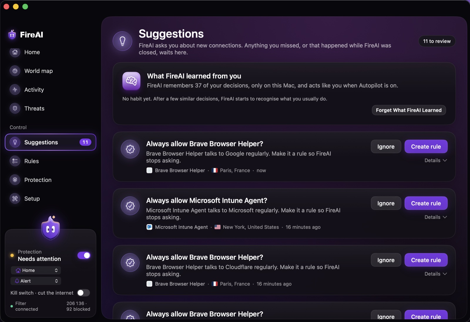 FireAI Suggestions page: “What FireAI learned from you” with Forget What FireAI Learned, and suggested rules to create or ignore.