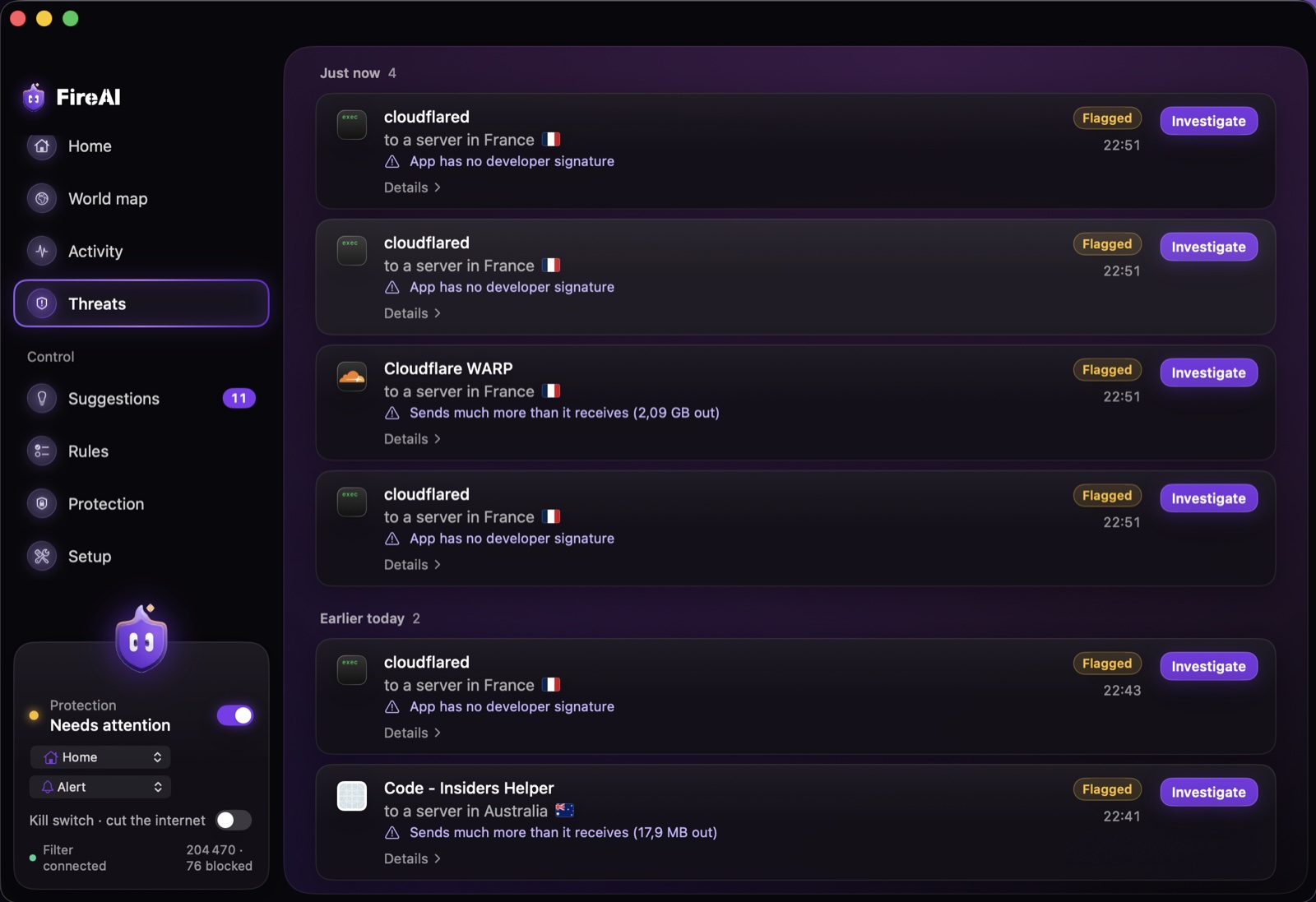 FireAI Threats page listing flagged connections, each with its reason (no developer signature, sends much more than it receives) and an Investigate button.