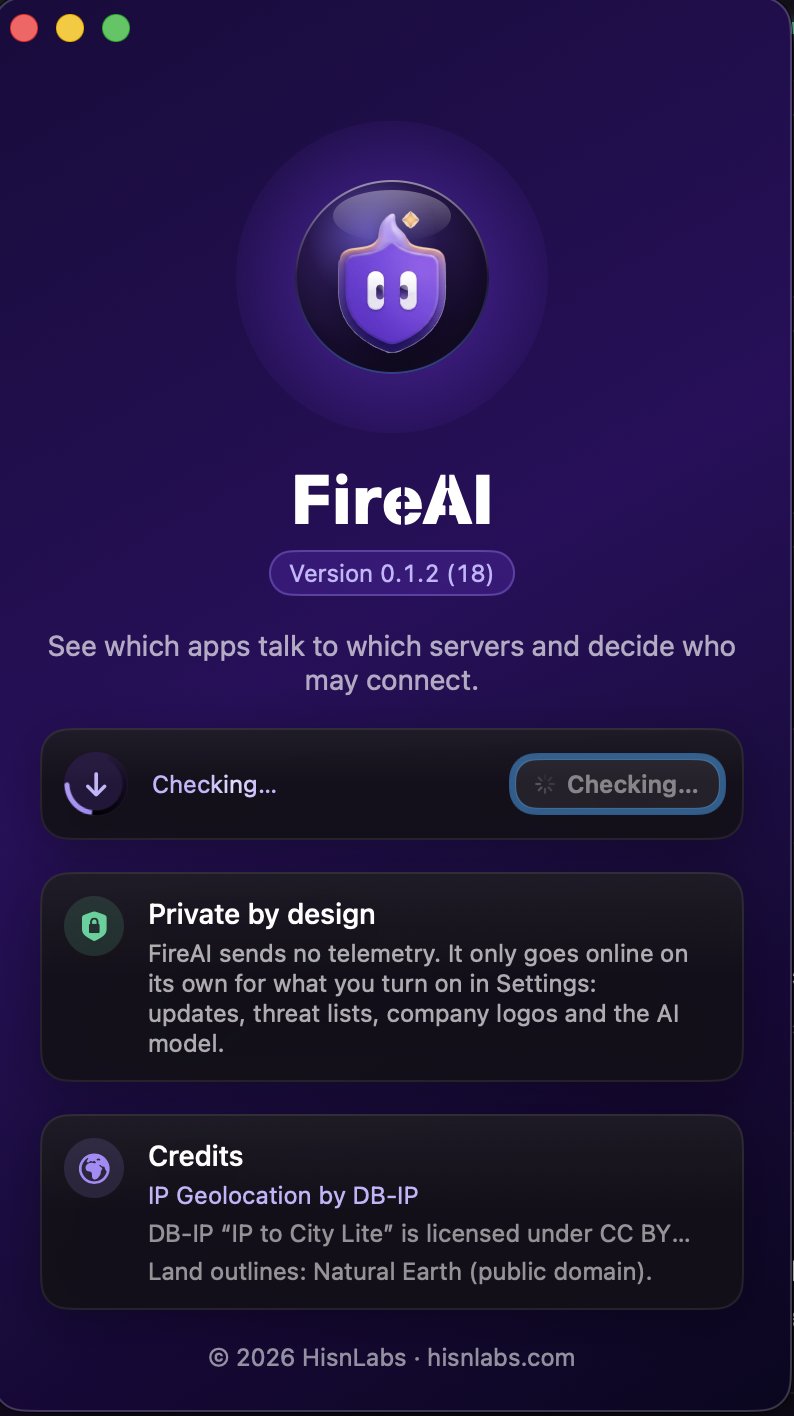 The About FireAI window with the mascot, version 0.1.2, and the update card animating while it checks for a new version.