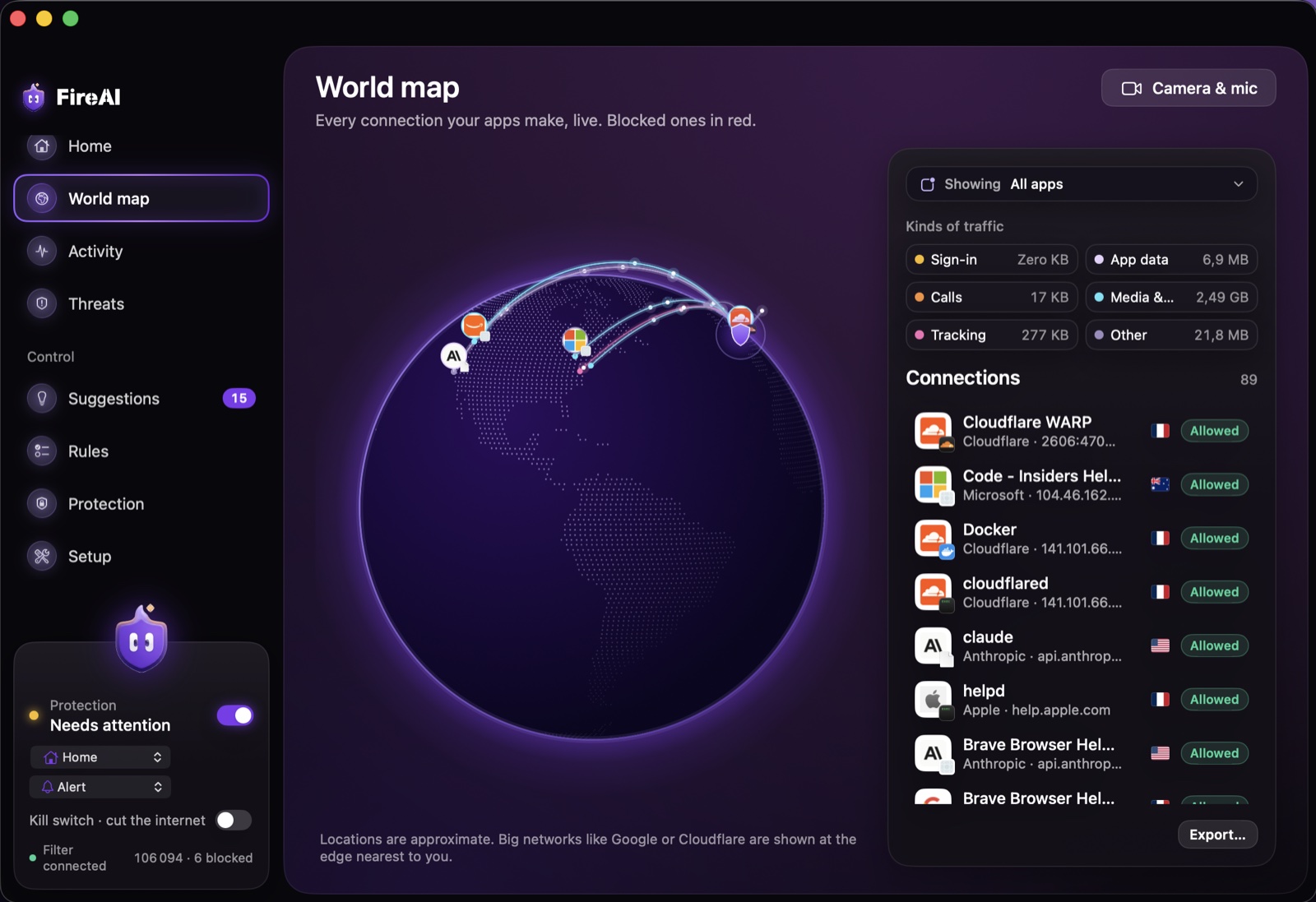 FireAI World map with the connections of several apps drawn on a globe, and the list of connections with company, country and whether each was allowed.