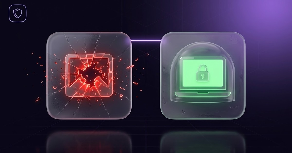 Illustration: two frosted glass panels side by side. Left: a shattered glass panel with a broken image-frame icon glowing red, fragments scattering outward. Right: a glass laptop icon glowing green, sealed inside a protective glass dome with a padlock on its screen. A thin violet beam connects the two panels.