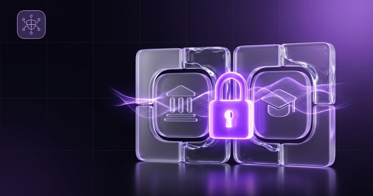 Illustration: a frosted glass panel embossed with a cracked classical library building, glowing red at the fracture, a small drone hovering above it, next to a violet key-and-shield badge icon.